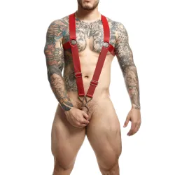 MOB Eroticwear Harnais élastique et Cockring Crossback Dngeon Rouge